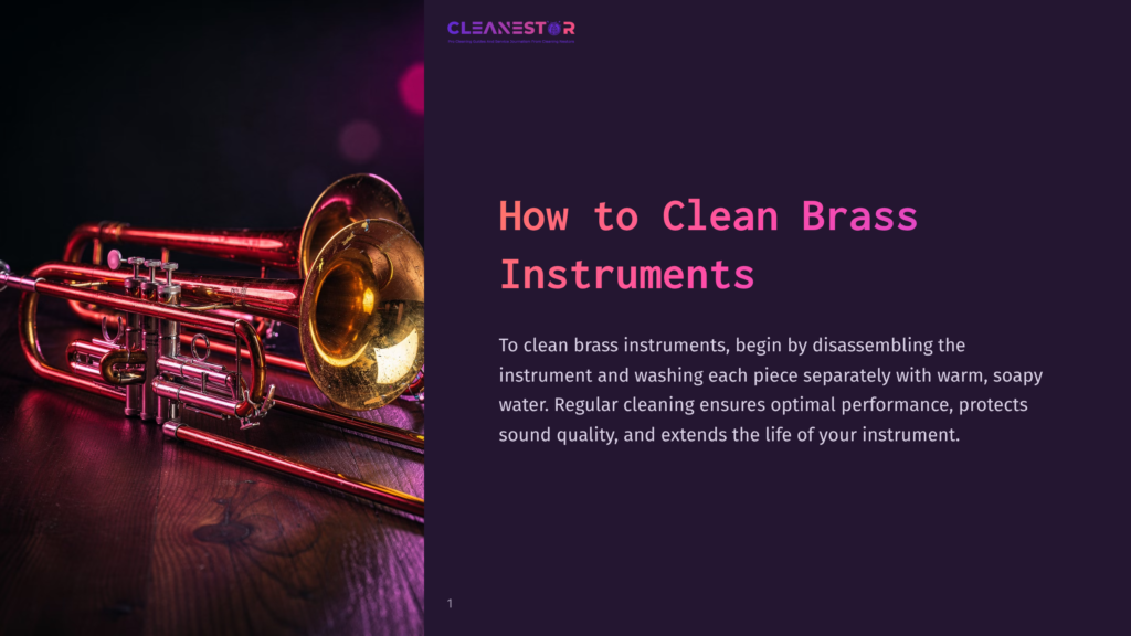 1 How To Clean Brass Instruments Close-Up Of A Gleaming Brass Trumpet On A Dark Wooden Surface, With The Title &Quot;How To Clean Brass Instruments&Quot; Overlaid In Purple Text. Soft Pink Bokeh Lights Are Visible In The Background.