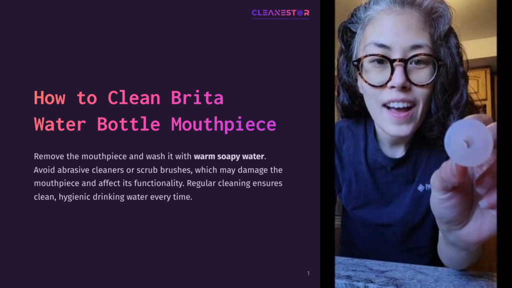 A Person With Glasses Holds A Brita Water Bottle Mouthpiece, Demonstrating Cleaning Instructions Against A Dark Background.