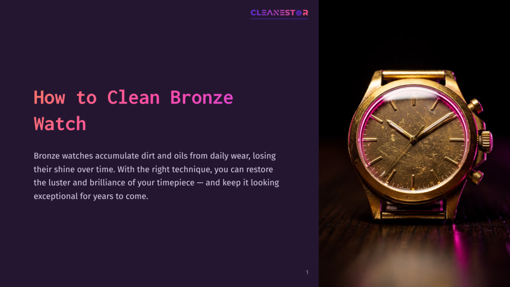 1 How To Clean Bronze Watch Close-Up Of A Vintage Bronze Watch With A Tarnished, Textured Face, Illuminated By Pink Light. The Watch Has A Gold-Toned Case And Strap.