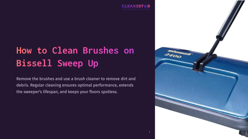 Close-Up Of A Blue Bissell 2400 Sweep Up Sweeper With Its Brush Visible, On A Dark Purple Background With Text &Quot;How To Clean Brushes On Bissell Sweep Up&Quot;.