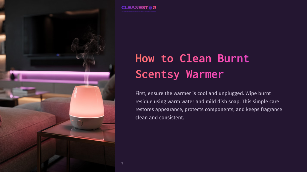 1 How To Clean Burnt Scentsy Warmer A Modern, Pink-Lit Scentsy Warmer With Smoke Gently Rising Sits On A Glass Table In A Dimly Lit Living Room, Next To A Sofa And Entertainment Center. Text Overlay Reads &Quot;How To Clean Burnt Scentsy Warmer.