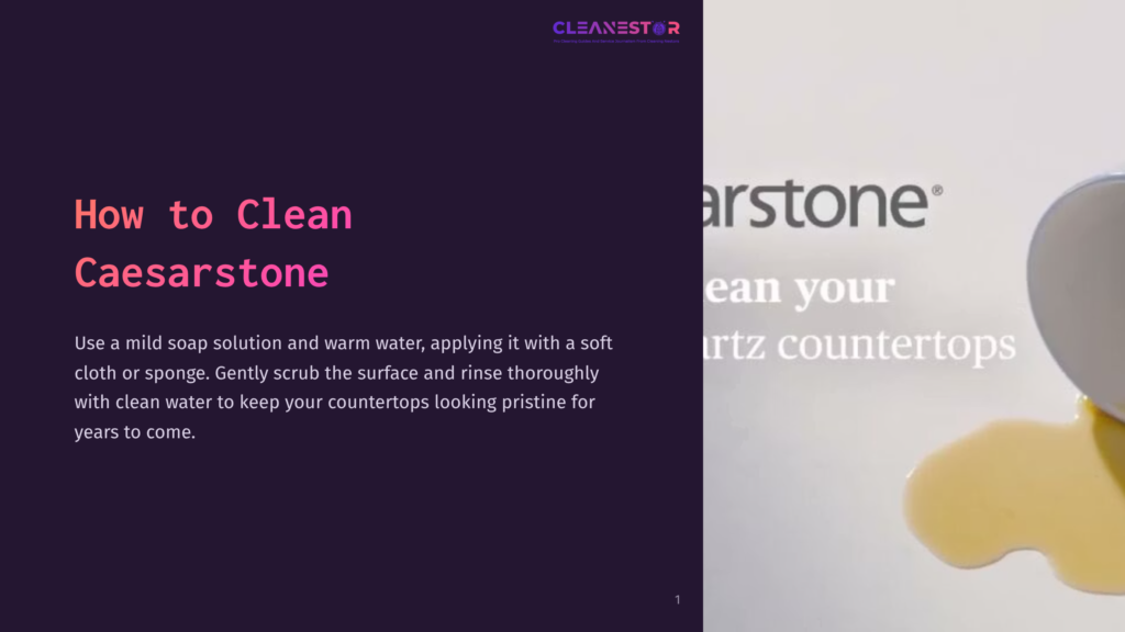 A Clean White Countertop Is Shown With A Yellow Sponge And Soap Solution, Accompanied By Text On Cleaning Instructions.