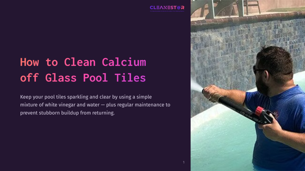 A Person Sprays Water On Glass Pool Tiles From A Hose, Demonstrating Cleaning Techniques. The Pool Water Is Bright Blue, And Tiles Are Light.
