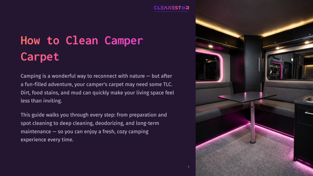 Interior Of A Modern Camper Van With Plush Seating And Ambient Pink Led Lighting. The Text &Quot;Cleanestar&Quot; Is Visible At The Top.