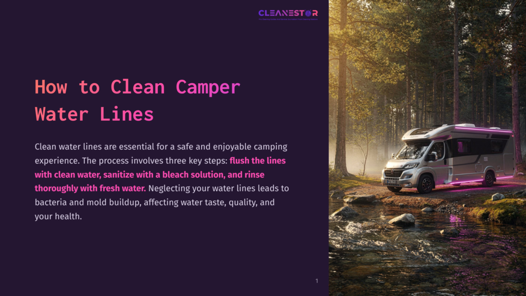 A Modern Camper Van Is Parked By A Stream In A Forest At Sunset, With Neon Pink Lights Illuminating Its Exterior. The Text &Quot;Cleanestar&Quot; Is Visible In The Top Right Corner.