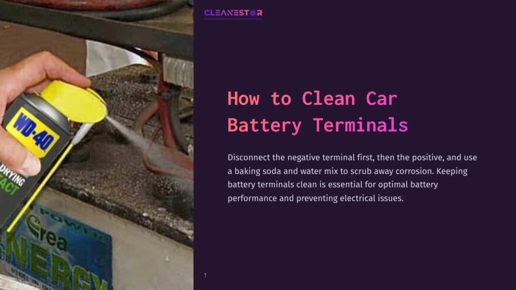 A Hand Sprays Wd-40 Onto Corroded Car Battery Terminals, With A Text Overlay Reading &Quot;How To Clean Car Battery Terminals&Quot;.