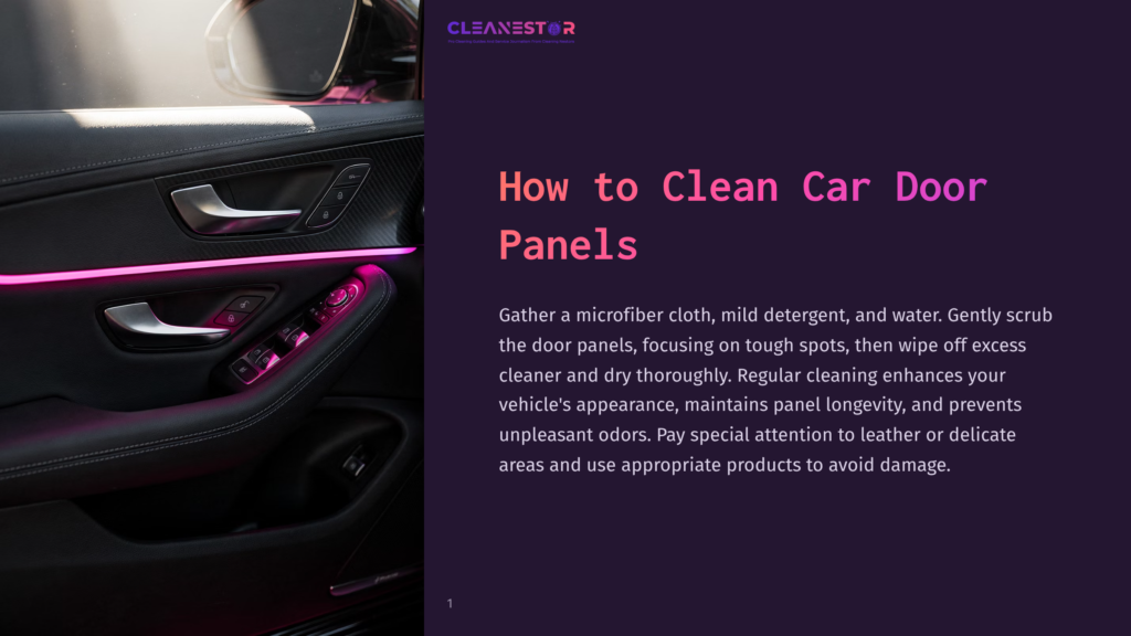 Close-Up Of A Car Door Panel Featuring Sleek Black Materials, Silver Accents, And Illuminated Controls, Highlighting Cleaning Areas.