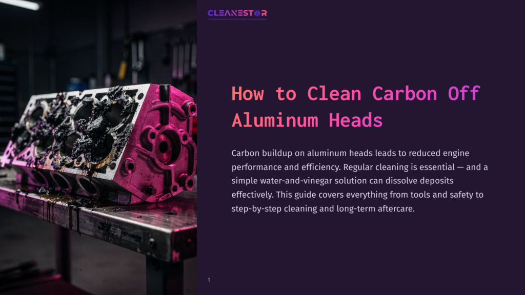 A Heavily Carbon-Covered Aluminum Engine Head Sits On A Metal Workbench, Illuminated By Pink And Purple Light, With The Title &Quot;How To Clean Carbon Off Aluminum Heads&Quot; Visible.