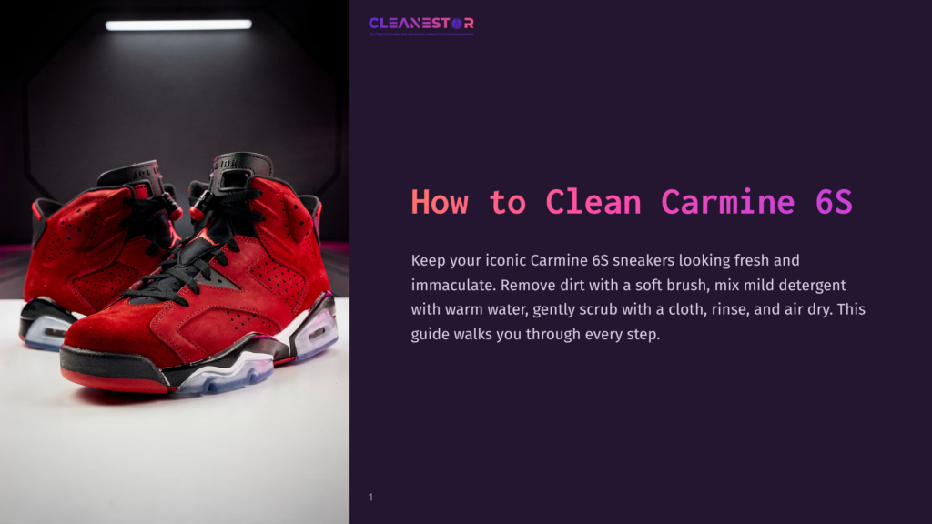 1 How To Clean Carmine 6S Red And Black Carmine 6S Sneakers Displayed Against A Dark Background, Highlighting Their Unique Design And Vibrant Color Detail.