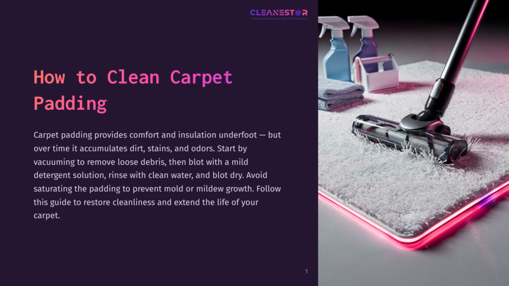 A Vacuum Cleaner Glides Over Carpet Padding, With Cleaning Supplies Like Spray Bottles Nearby, Set Against A Purple Backdrop.
