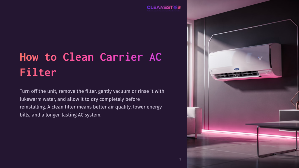A Carrier Air Conditioner Mounted On A Wall With A Modern, Minimalist Room Featuring Purple And White Accents.