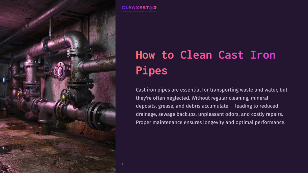 A Dimly Lit, Industrial Basement With A Complex Network Of Large, Rusty Cast Iron Pipes. Yellow And Pink Valves Are Visible On The Pipes, With Water Pooling On The Grimy Concrete Floor. The Cleanestor Logo Is In The Top Right Corner.