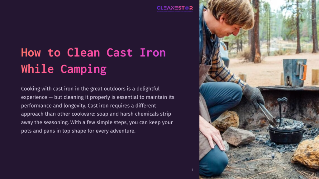 A Person Crouches By A Campfire, Scrubbing A Cast Iron Pan With A Brush, Surrounded By Rocks And Forest, Evoking A Camping Scene.