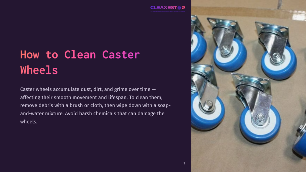 1 How To Clean Caster Wheels Several Blue Caster Wheels With Metal Brackets Are Arranged On A Brown Surface, Showing Grime Accumulation On Their Surfaces.