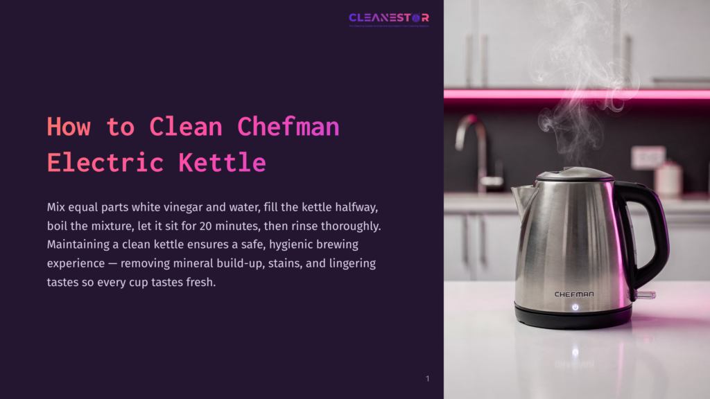 A Silver Chefman Electric Kettle With Steam Rising, Sitting On A Countertop Against A Blurred Pink And Black Background.