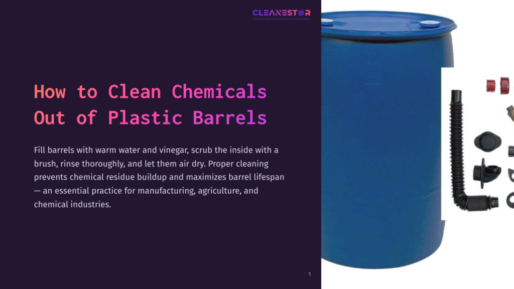 A Blue Plastic Barrel With A Black Spout And Measuring Tape, Placed On A White Background With Purple Text Highlighting Cleaning Steps.