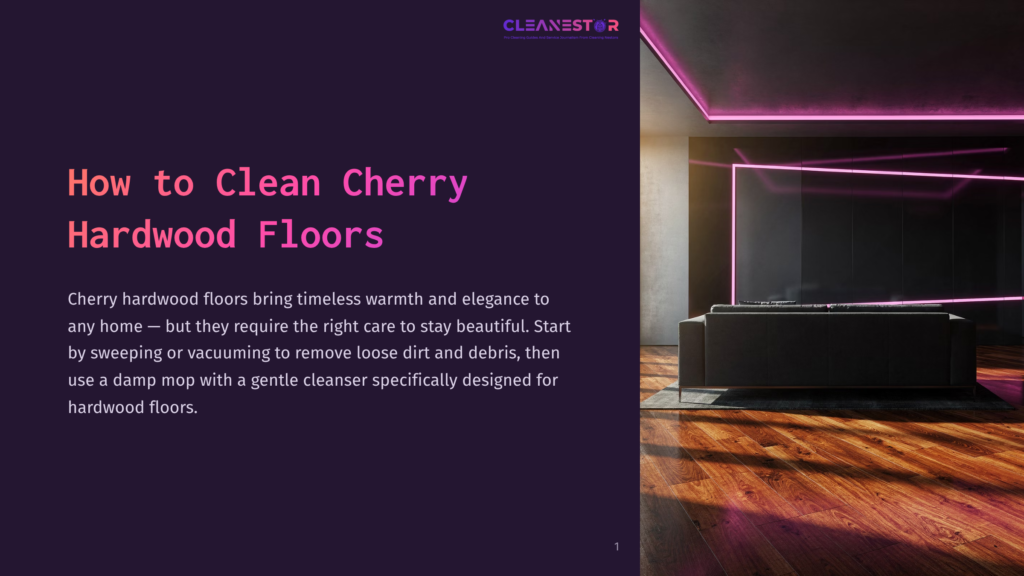Modern Living Room With Cherry Hardwood Floors, Featuring Purple-Lit Ceiling Edges And A Sleek, Dark Sofa Against A Minimalistic Backdrop.