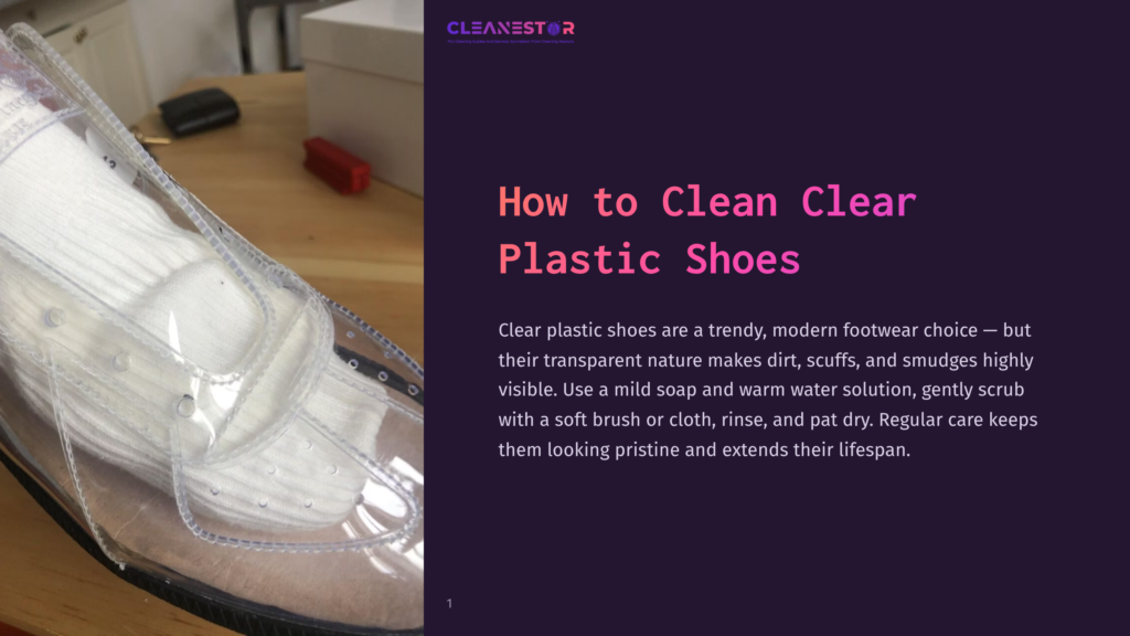 Clear Plastic Shoe With White Laces On A Wooden Surface, Showcasing Its Shiny Exterior And Minimalist Design.