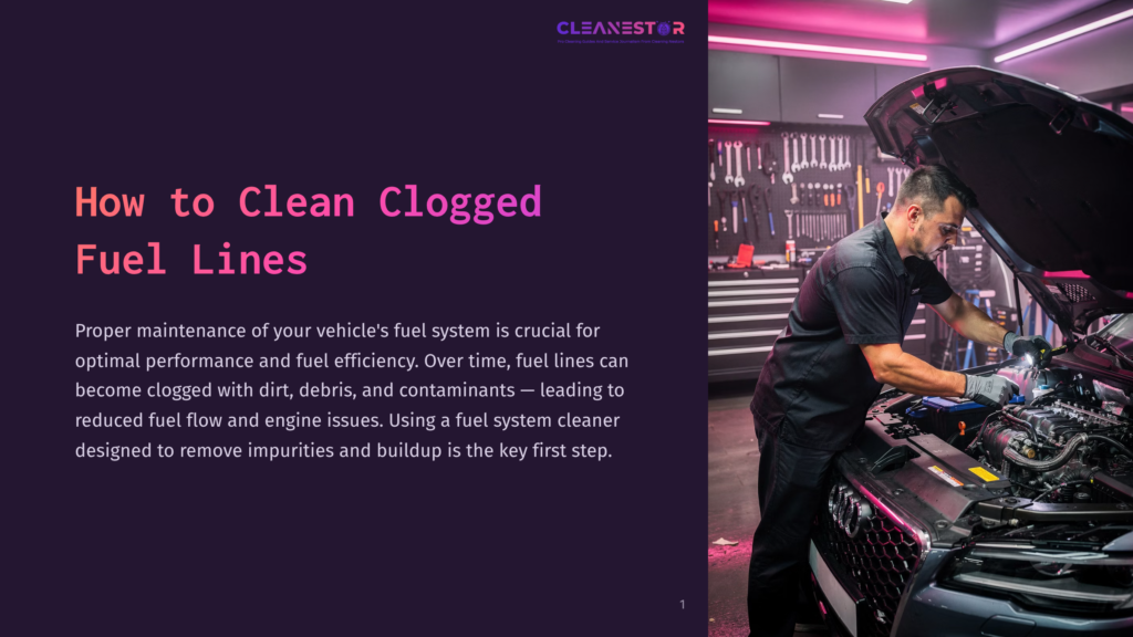 A Mechanic Works On A Vehicle'S Engine Under Bright Pink And Purple Lighting, Focusing On Cleaning Fuel Lines With Tools Nearby.