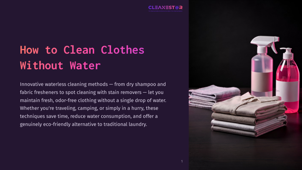 1 How To Clean Clothes Without Water A Stack Of Folded Towels In Shades Of Gray, With Pink Cleaning Bottles Nearby, Set Against A Dark Purple Background.