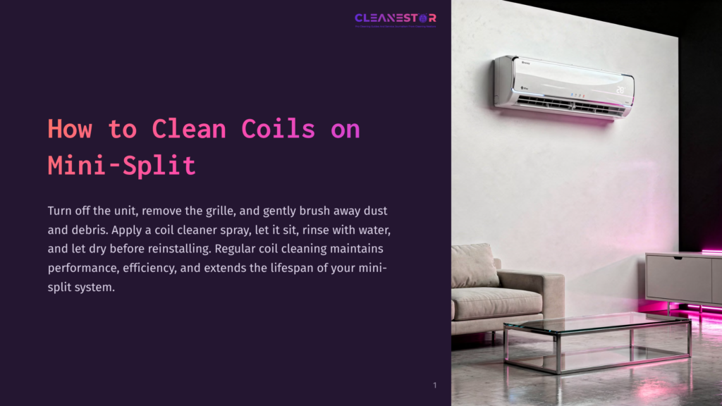 1 How To Clean Coils On Mini Split A Clean, Modern Living Room Features A White Mini-Split Air Conditioner Mounted On A Light Gray Wall Above A Plush Beige Sofa. A Glass Coffee Table Sits In Front Of The Sofa, With A White Cabinet And Pink Neon Lighting Visible In The Background. The Text &Quot;Cleanestor&Quot; And &Quot;How To Clean Coils On Mini-Split&Quot; Are Visible.