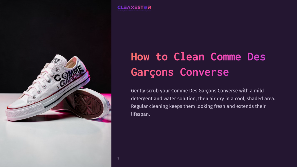 White Comme Des Garçons Converse Sneakers With Red And Black Accents Are Artfully Displayed On A White Surface With A Purple Gradient Background. Text On The Image Reads &Quot;How To Clean Comme Des Garçons Converse.