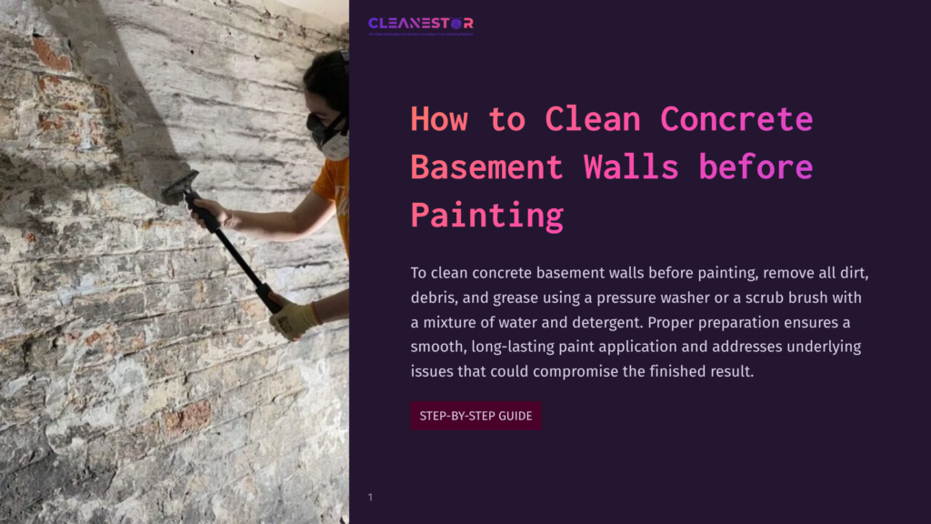 A Person Wearing A Mask And Gloves Uses A Long-Handled Scrub Brush On A Rough, Textured Concrete Basement Wall, Preparing It For Painting. The Wall Shows Signs Of Age And Previous Coatings.