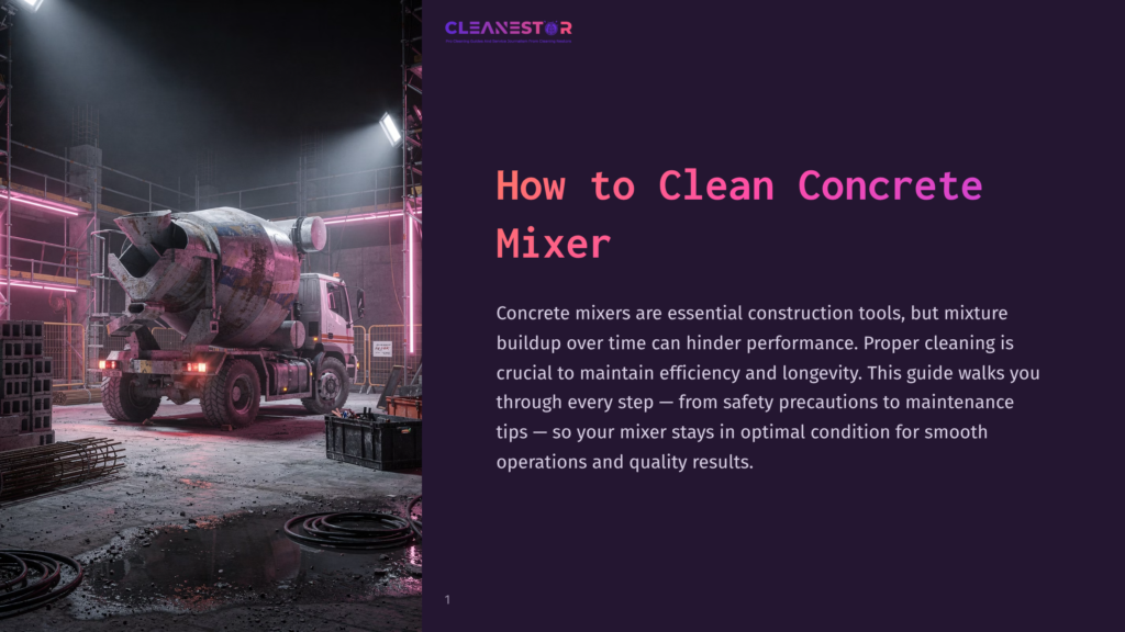 A Concrete Mixer Truck Sits On A Wet, Industrial Construction Site At Night, Illuminated By Pink Neon Lights. The Cleanestor Logo And &Quot;How To Clean Concrete Mixer&Quot; Title Are Visible.
