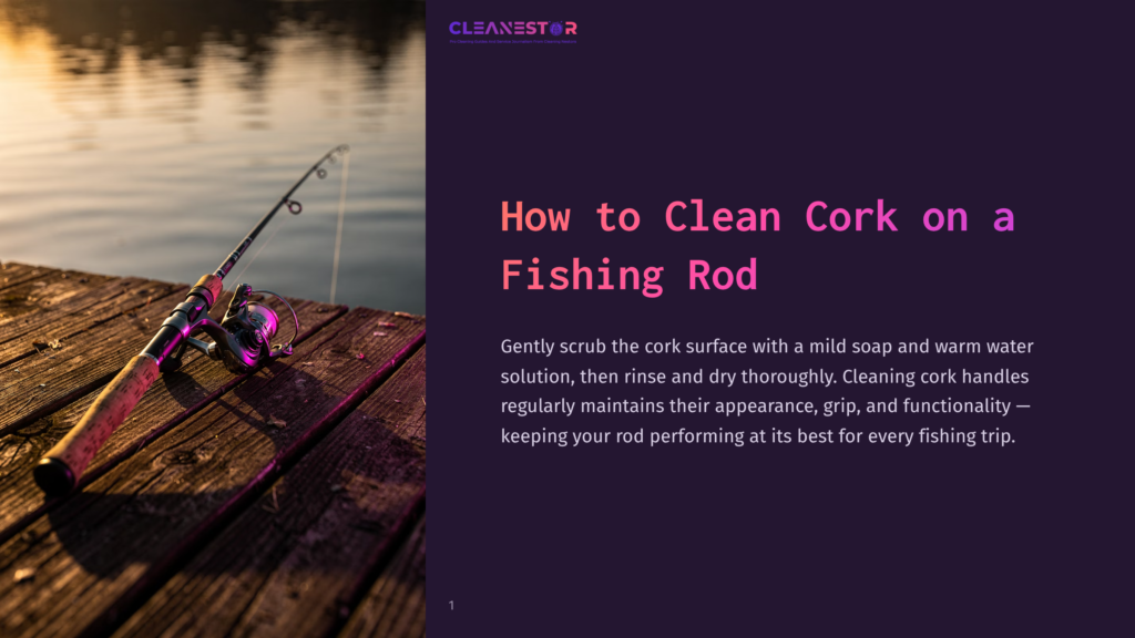 1 How To Clean Cork On A Fishing Rod A Fishing Rod With A Cork Handle Rests On A Wooden Dock At Sunset, With The Text &Quot;Cleanestor&Quot; And &Quot;How To Clean Cork On A Fishing Rod&Quot; Visible.