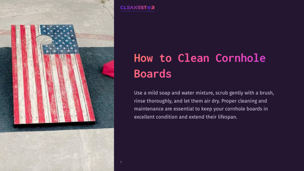 Cornhole Board Featuring An American Flag Design, Placed On A Gray Surface, With A Pink Item And A Cleaning Brush Nearby.