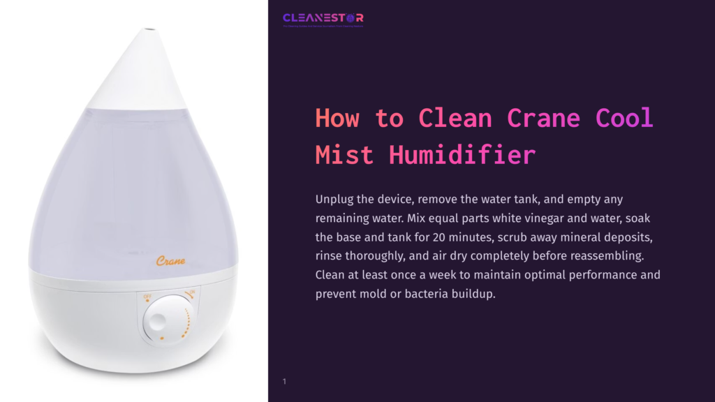 A White And Purple Humidifier With A Teardrop Shape, Featuring A Control Knob And Logo, Alongside Cleaning Instructions In Text.