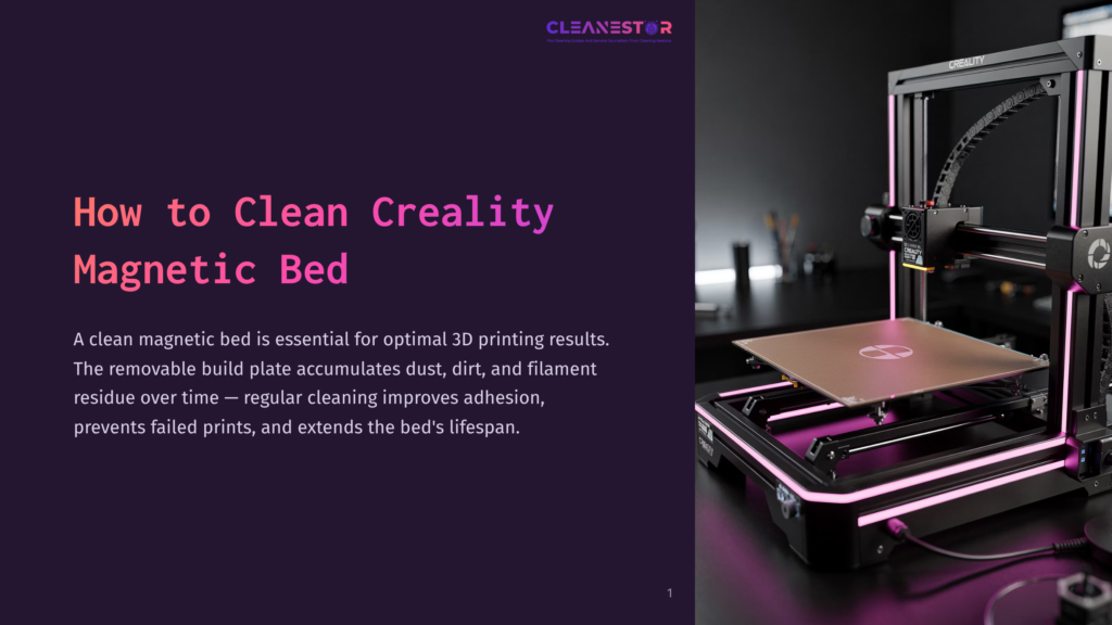 A Black Creality 3D Printer With A Removable Magnetic Bed, Illuminated By Pink Led Lights, Sits On A Desk. The Printer Is In Focus, With A Blurred Background Of A Workspace.