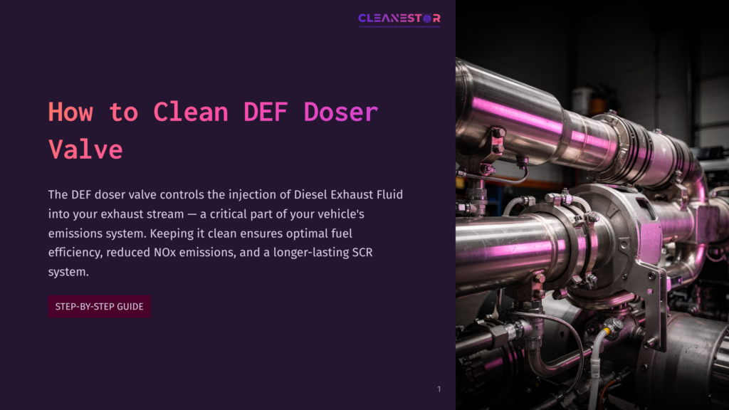 Close-Up Of A Complex Industrial Exhaust System With Shiny Metal Pipes And A Prominent Def Doser Valve. Text Overlay Reads &Quot;How To Clean Def Doser Valve.