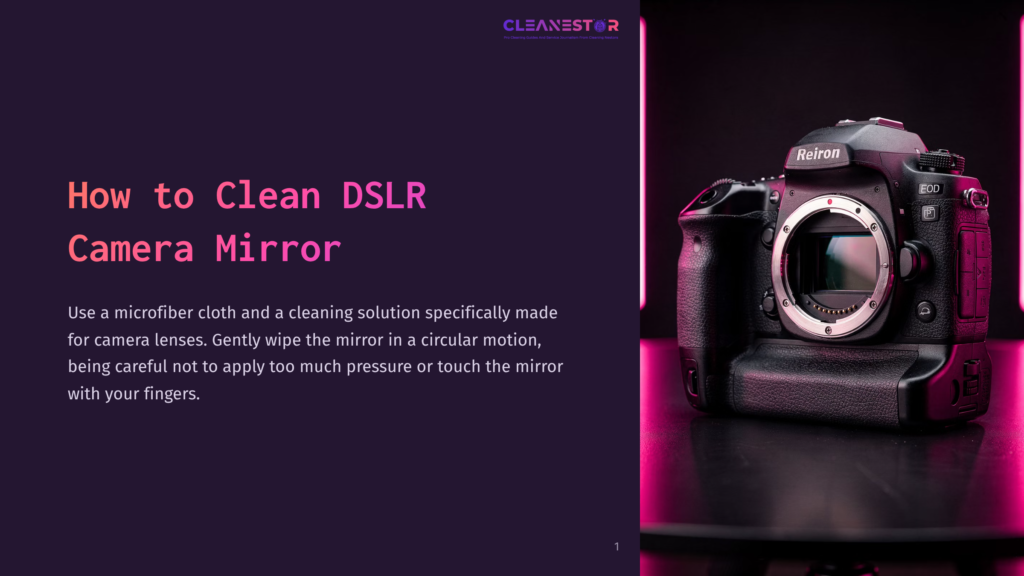 1 How To Clean Dslr Camera Mirror A Black Canon Dslr Camera With A &Quot;Reiron&Quot; Lens Is Displayed On A Dark Surface, Illuminated By Vibrant Pink And Purple Lights. Text On The Left Reads &Quot;How To Clean Dslr Camera Mirror&Quot; And Provides Cleaning Instructions.