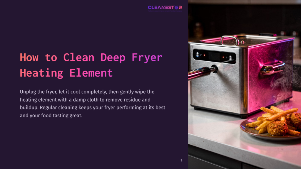Close-Up Of A Stainless Steel Deep Fryer Heating Element Being Cleaned With A Damp Cloth, With Fried Chicken And French Fries On A Plate In The Foreground And Pink And Blue Lighting Illuminating The Scene.