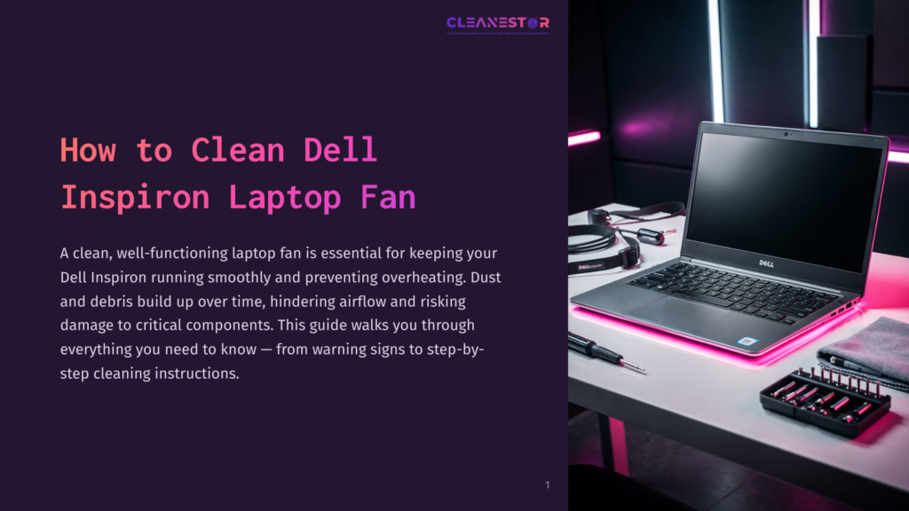 A Dell Inspiron Laptop Sits On A Desk With Cleaning Tools And Headphones, Illuminated By Pink And Purple Led Lights. The Text &Quot;How To Clean Dell Inspiron Laptop Fan&Quot; Is Prominent.