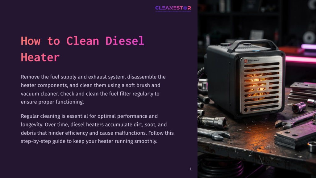 A Black Diesel Heater With Glowing Orange Elements Sits On A Workbench Amidst Tools, With Text Overlay &Quot;How To Clean Diesel Heater&Quot; And &Quot;Cleanestor&Quot;.
