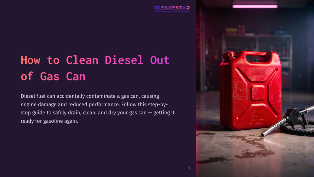 Bright Red Gas Can With A Spout, Situated On A Concrete Floor, Illuminated By Purple And Pink Lighting In A Workshop Setting.