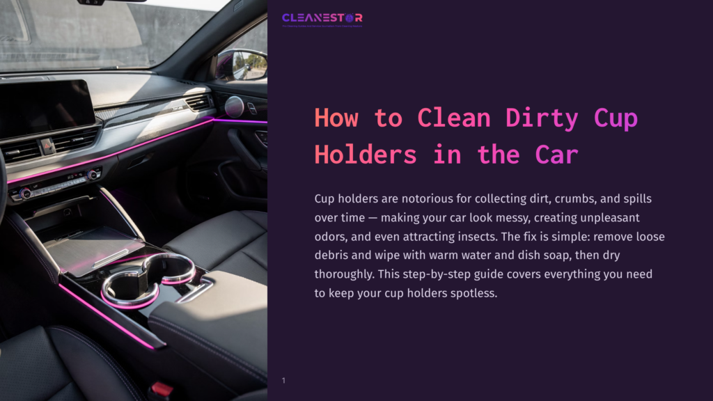 A Car Interior Showing A Sleek Console With Cup Holders, Highlighted By Purple Lighting, With A Clean And Organized Layout.