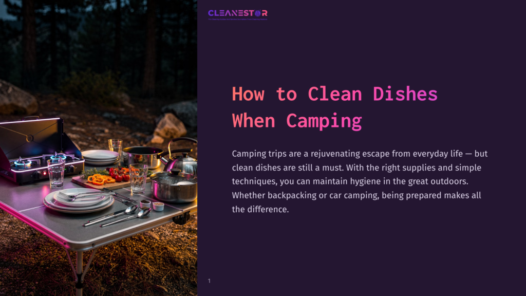 A Camping Setup With A Portable Stove, Glowing Lights, And A Table Set With Dishes, Cookware, And Food In A Forested Setting.