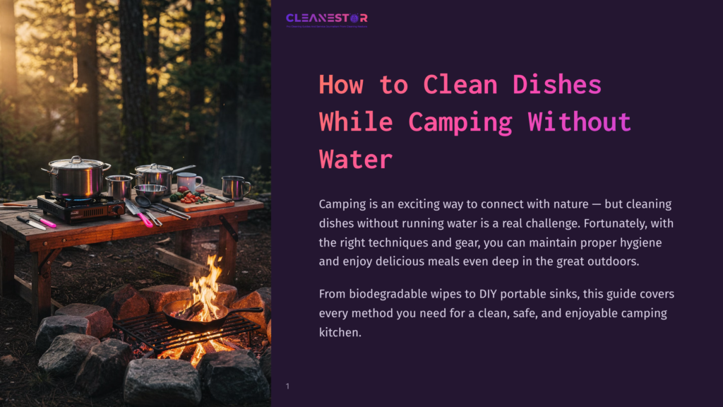 A Rustic Campsite Scene With Cooking Pots On A Wooden Table Over A Crackling Campfire, Set Against A Golden Sunset. The Words &Quot;Cleanestor&Quot; And &Quot;How To Clean Dishes While Camping Without Water&Quot; Are Visible.