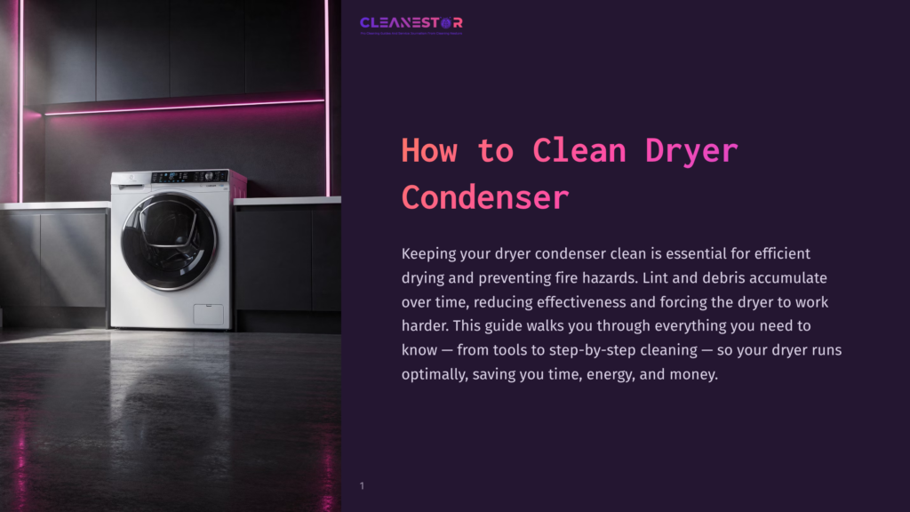 1 How To Clean Dryer Condenser A Modern White Front-Load Dryer Sits In A Sleek, Minimalist Laundry Room With Dark Cabinets And A Bright Pink Neon Light Strip Above, Next To A Washing Machine.