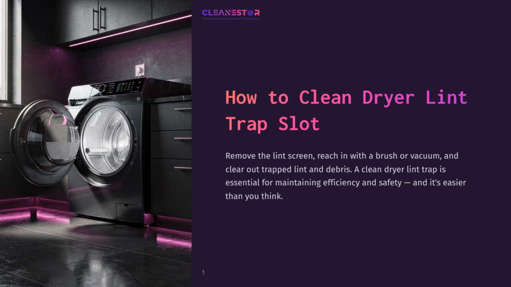 A Modern Laundry Room With A Front-Loading Washer And Dryer. The Washer Door Is Open, Revealing A Stainless Steel Drum. Neon Pink Lighting Illuminates The Floor And The Appliances. Text Overlay Reads &Quot;Cleanestor&Quot; And &Quot;How To Clean Dryer Lint Trap Slot&Quot;.