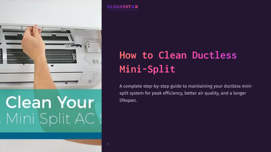 A Person Cleaning A Ductless Mini-Split Air Conditioning Unit, With A Bright Green And White Color Scheme On The Left Side.