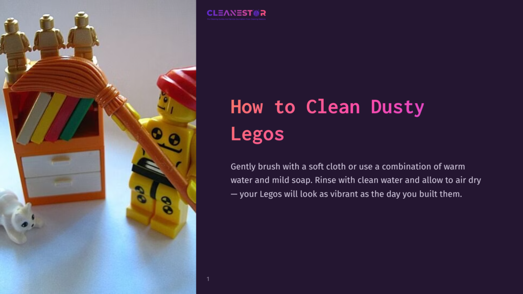 A Lego Minifigure With A Red Hat And A Broom Is Cleaning A Shelf Of Lego Figures. The Text &Quot;Cleanestor&Quot; And &Quot;How To Clean Dusty Legos&Quot; Are Visible.