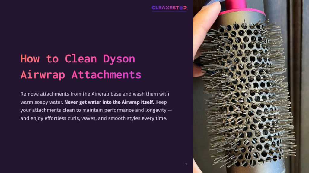 1 How To Clean Dyson Airwrap Attachments Close-Up Of A Dyson Airwrap Brush Attachment With Visible Dust And Hair. Text Overlay Reads &Quot;How To Clean Dyson Airwrap Attachments.