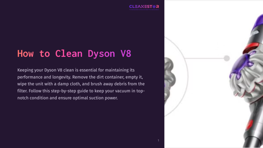 Close-Up Of A Purple And Silver Dyson V8 Vacuum Cleaner, With The Text &Quot;How To Clean Dyson V8&Quot; Prominently Displayed On A Dark Purple Background.