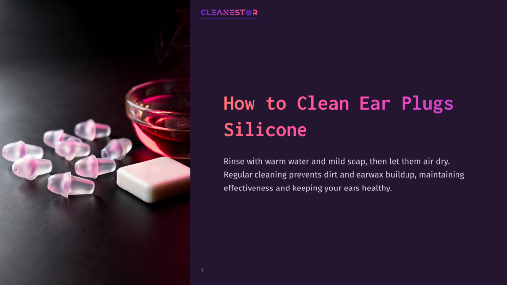 Pink Silicone Earplugs Arranged On A Dark Surface Next To A Small Glass Bowl Of Red Liquid And A White Bar Of Soap. Text Overlay Reads &Quot;How To Clean Ear Plugs Silicone.