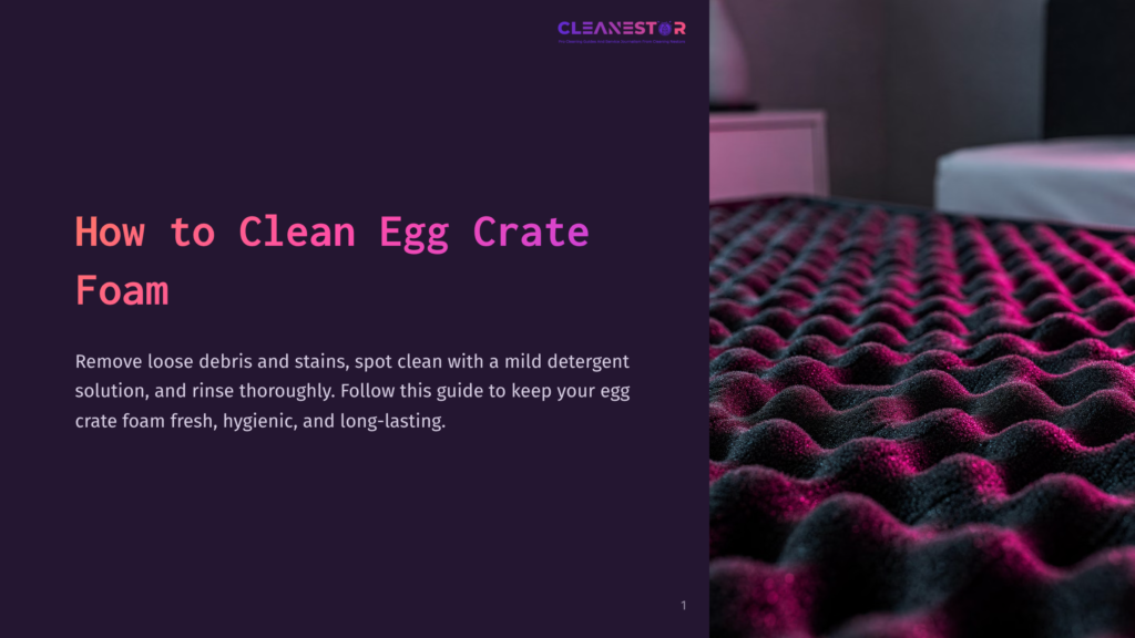 Close-Up Of Black Egg Crate Foam With Pink And Purple Lighting, Showing Its Textured, Wavy Surface. The Text &Quot;How To Clean Egg Crate Foam&Quot; Is Visible On The Left.