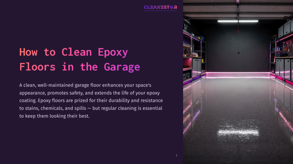 Brightly Lit Garage With A Shiny Epoxy Floor, Featuring Shelves With Organized Tools And Colorful Led Lighting Along The Walls.